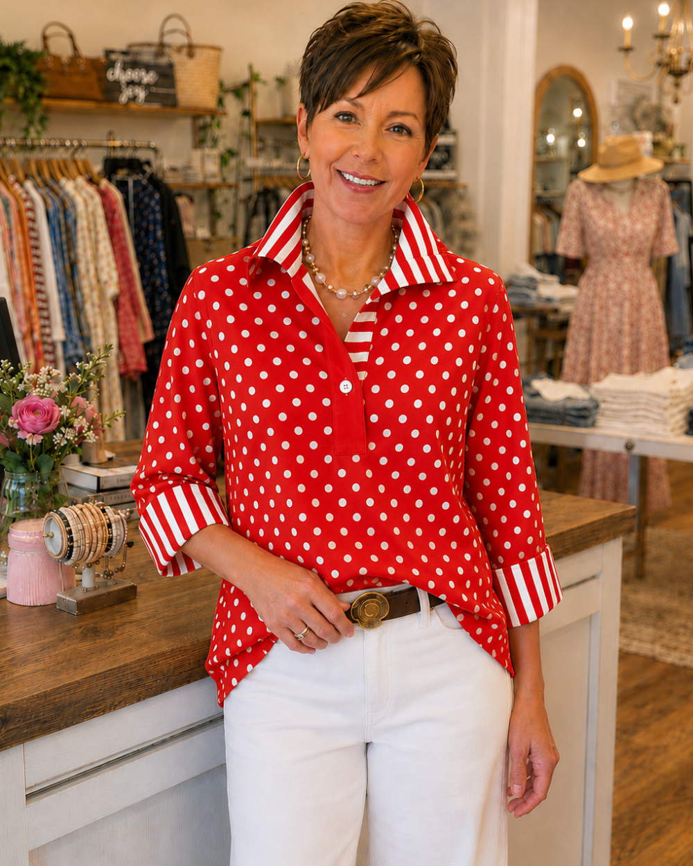 Elmira - Polka Dot Contrast-Stripe Blouse