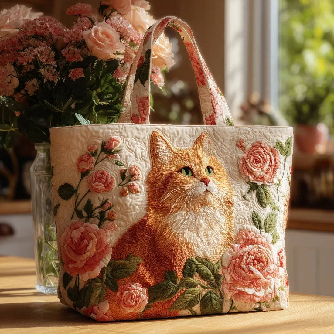 Bonnie – Ginger Cat with Roses Handmade Tote Bag