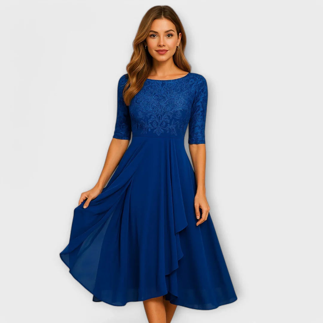 Myrna – Elegant Midi Dress with Lace Sleeves