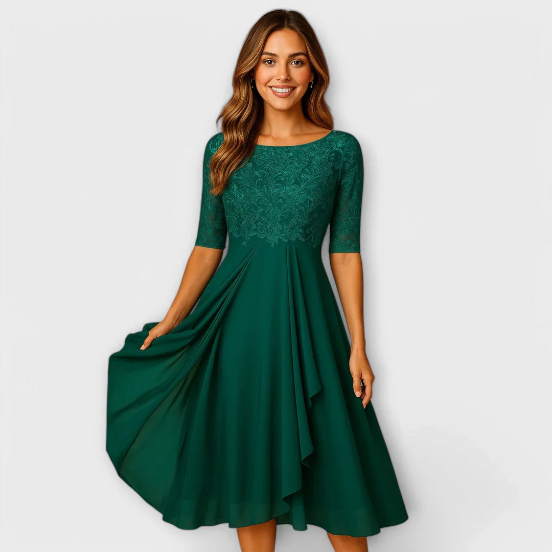 Myrna – Elegant Midi Dress with Lace Sleeves