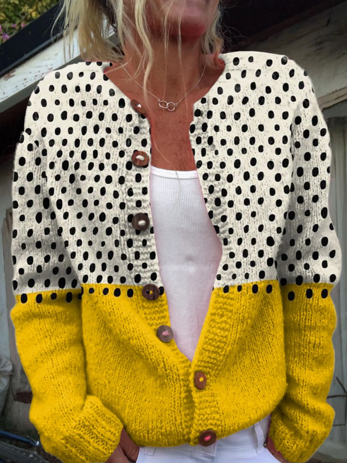 Gabrielle - Yellow Polka Dots Print Buttoned Cardigan
