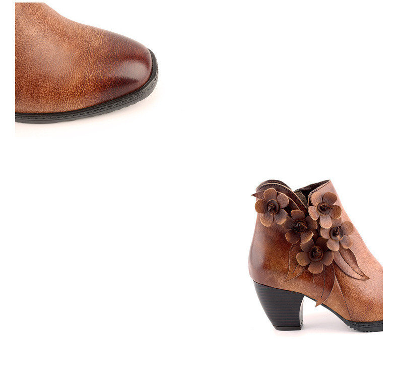 Juliette - Retro Handmade Floral Leather Solid Color Ankle Boots