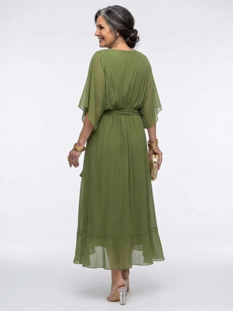 Roa - V-Neck Draped Waist Midi Dress