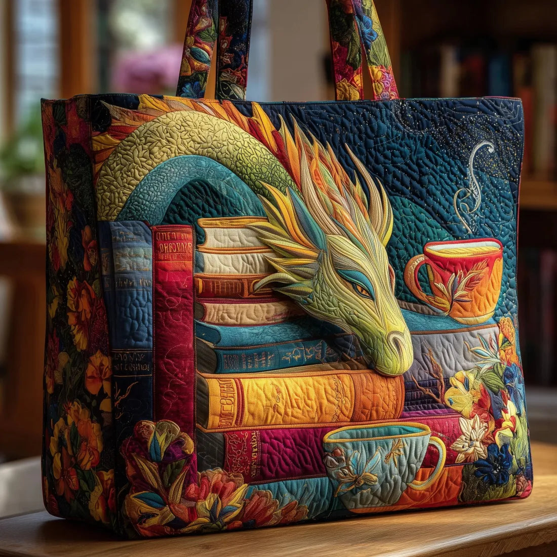 Mabel – Dragon with Books and Mugs Handmade Tote Bag