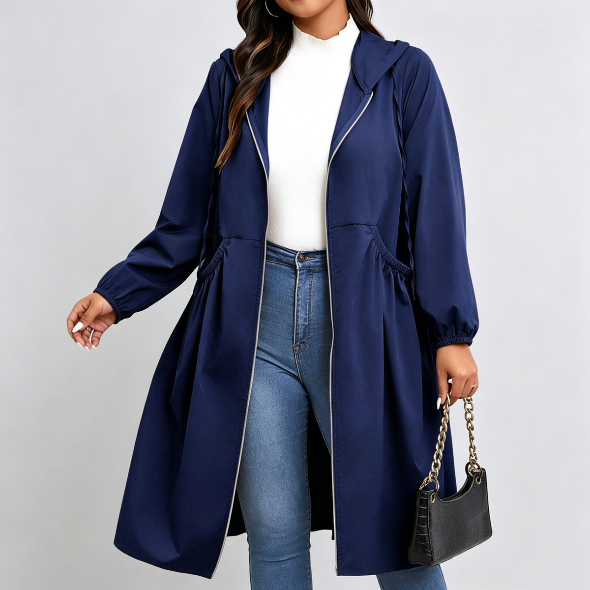 Zahra - Curve Cinch Hooded Windbreaker Coat