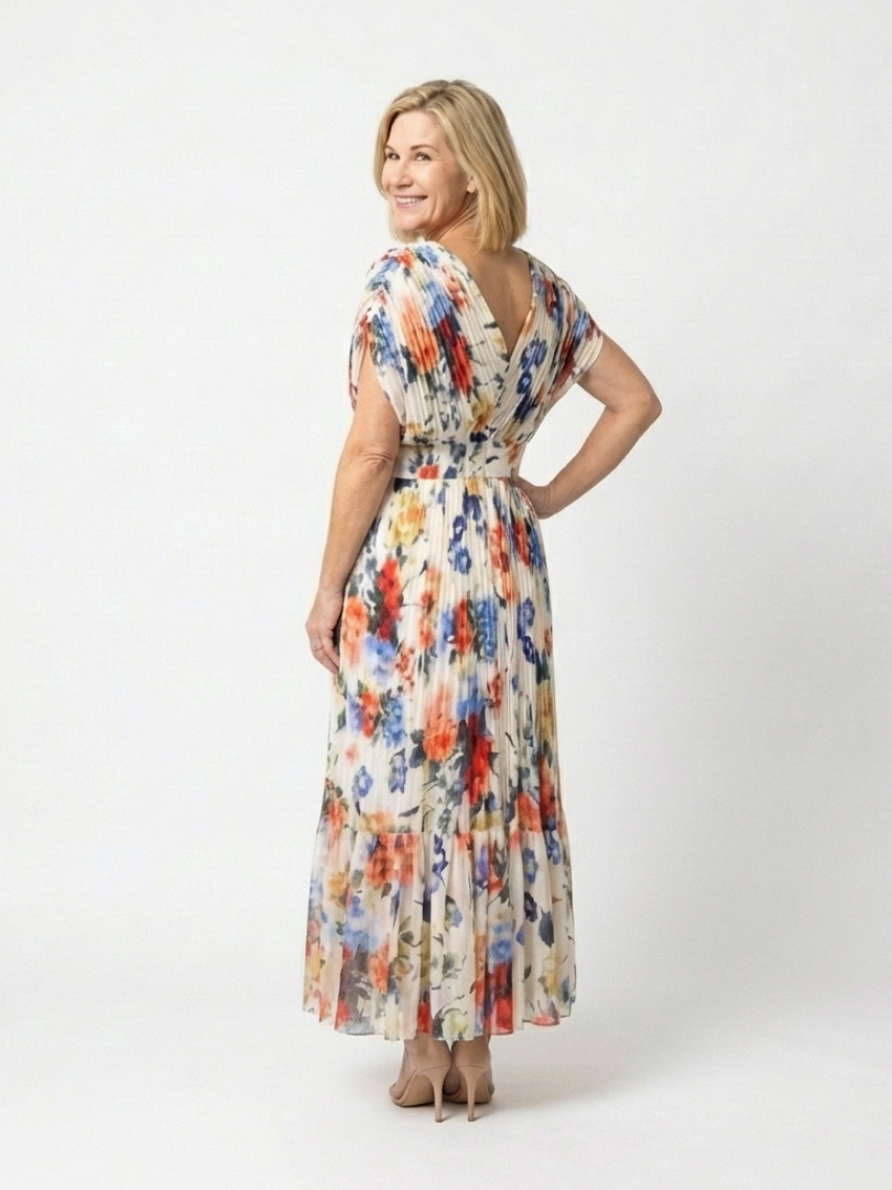 Savana - Pleated V-Neck Midi Dress
