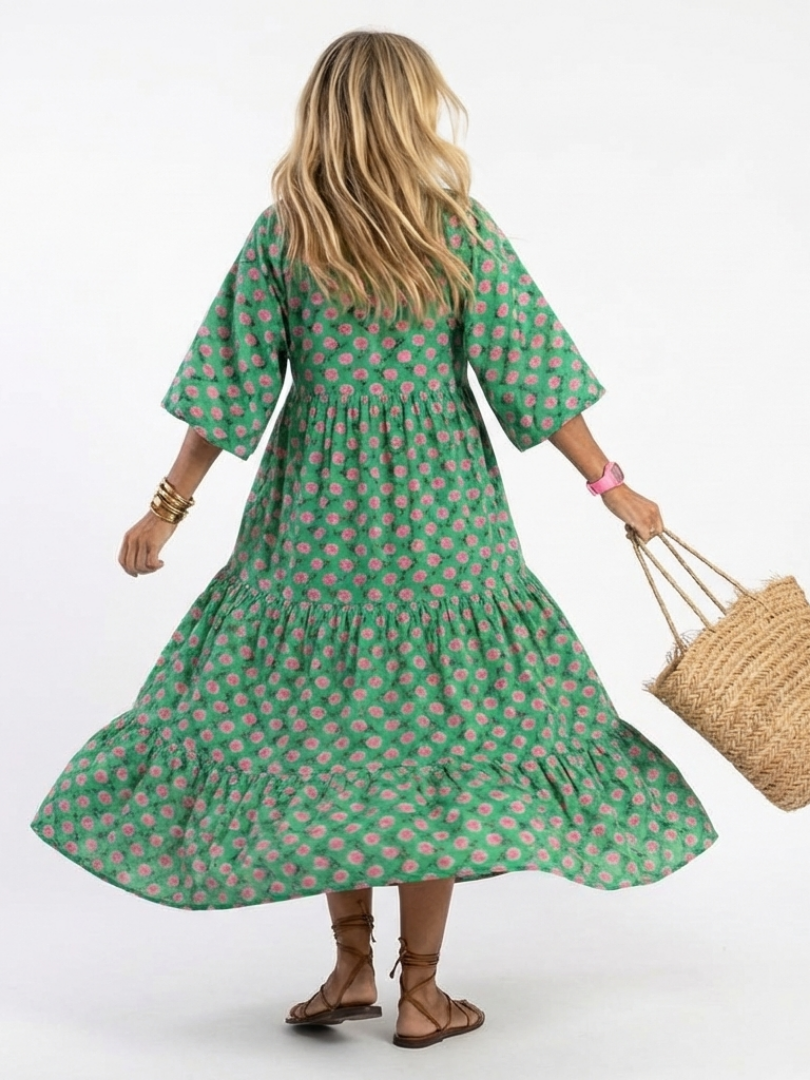 Francine - Floral Print V-Neck Tiered Midi Dress