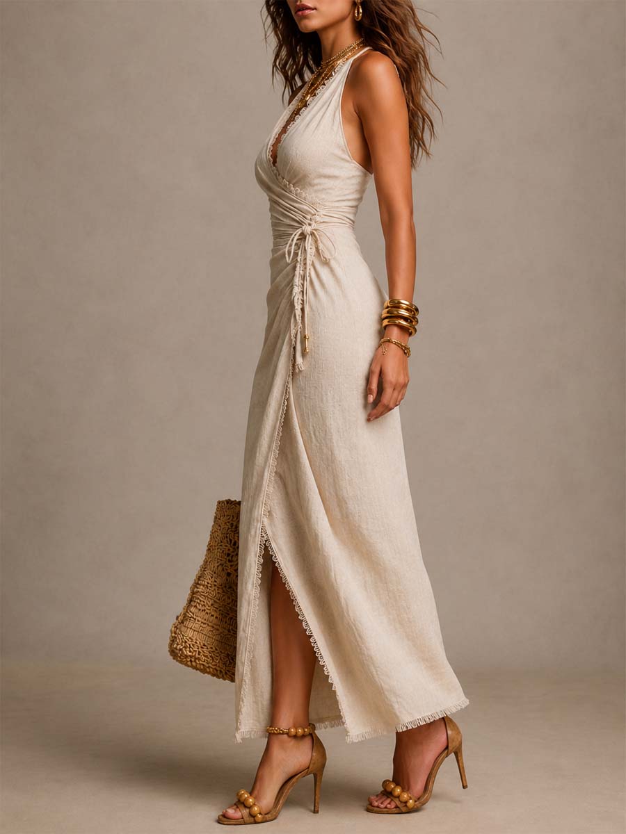 Jillian – Natural Linen Wrap Midi Dress