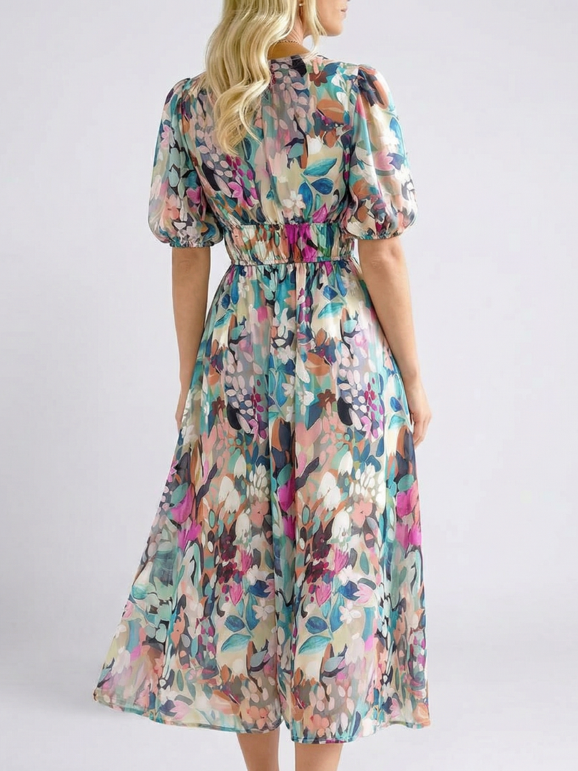 Lousey - V-Neck Short Sleeve Waist Midi Dress