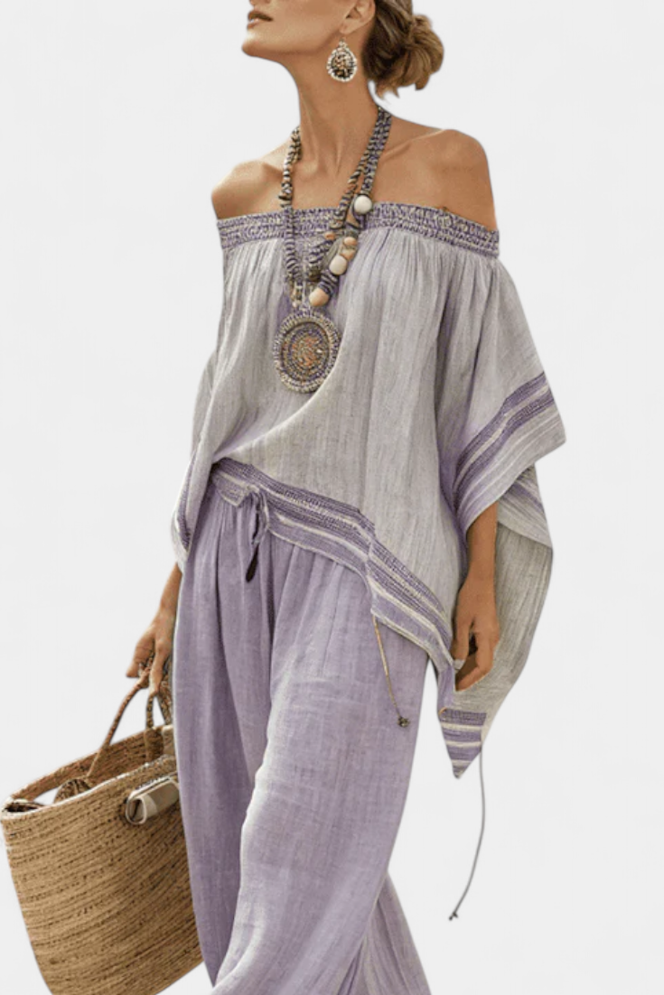 Thalia – Off-Shoulder Top and Wide-Leg Striped Pants