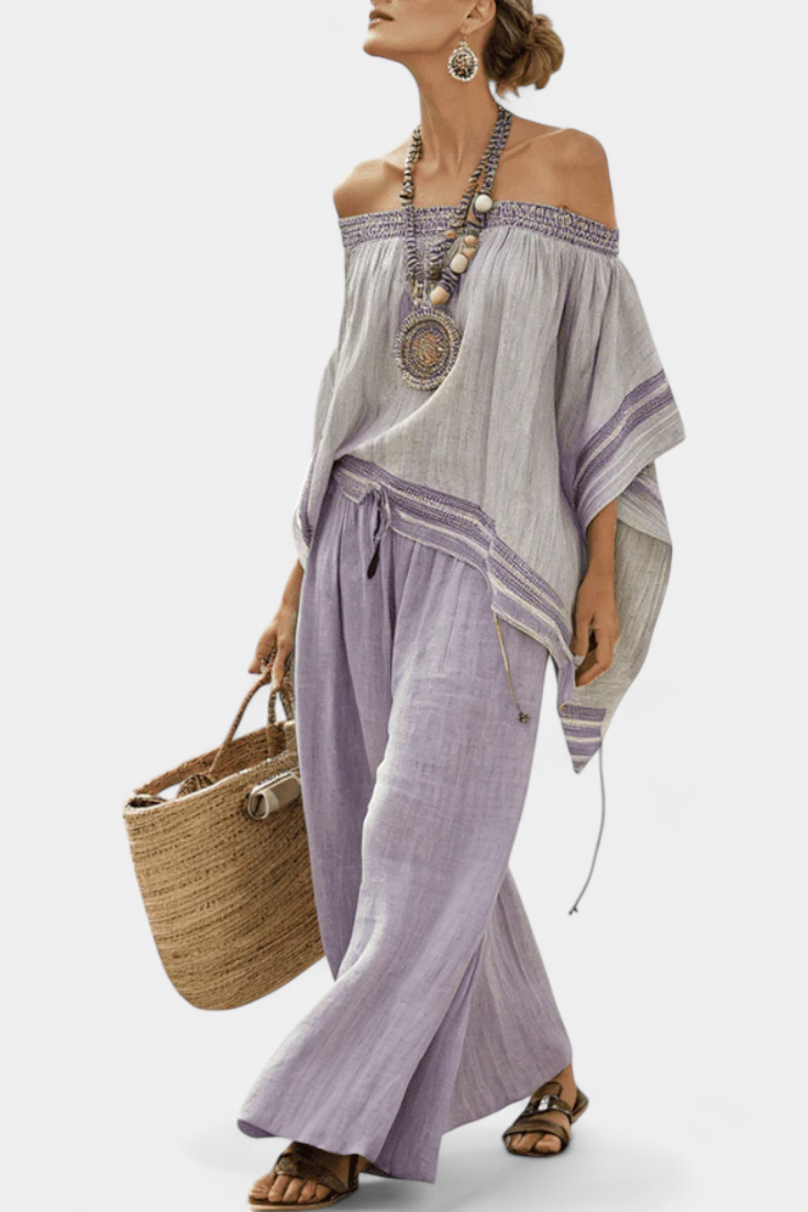 Thalia – Off-Shoulder Top and Wide-Leg Striped Pants