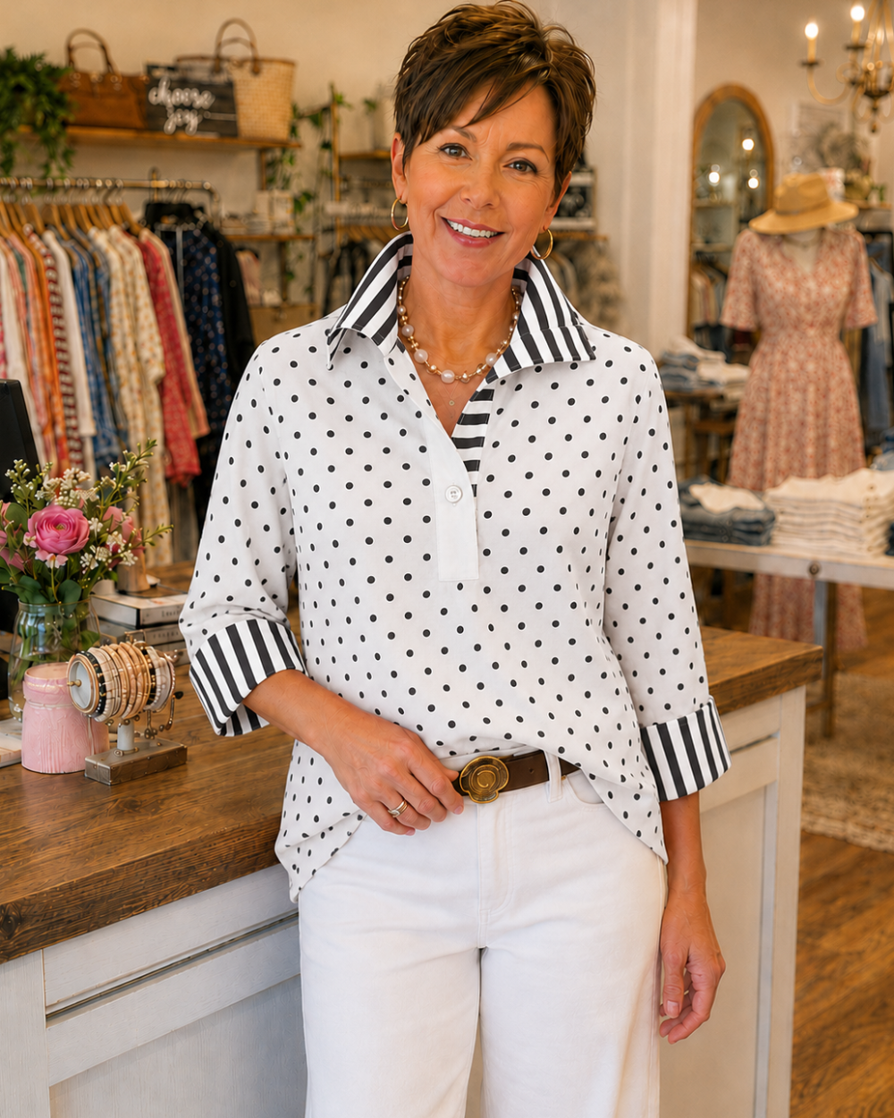 Elmira - Polka Dot Contrast-Stripe Blouse