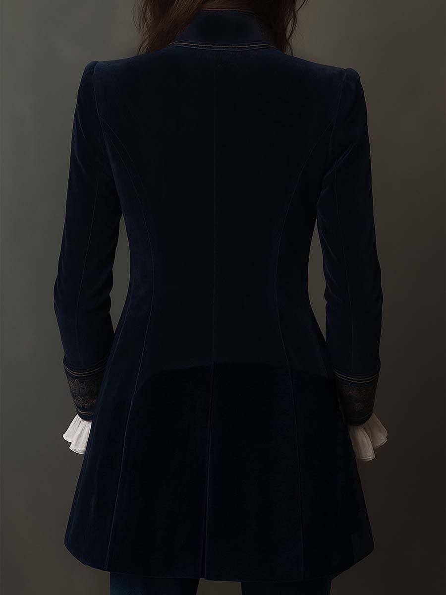 Cleo - Women’s Vintage Navy Embroidered Longline Jacket