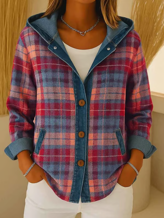 Misty – Denim Jacket with Contrast Plaid Hood