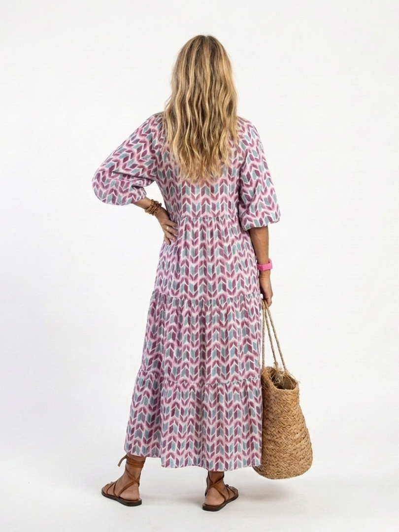 Myra - Geometric Print Long Sleeve Midi Dress