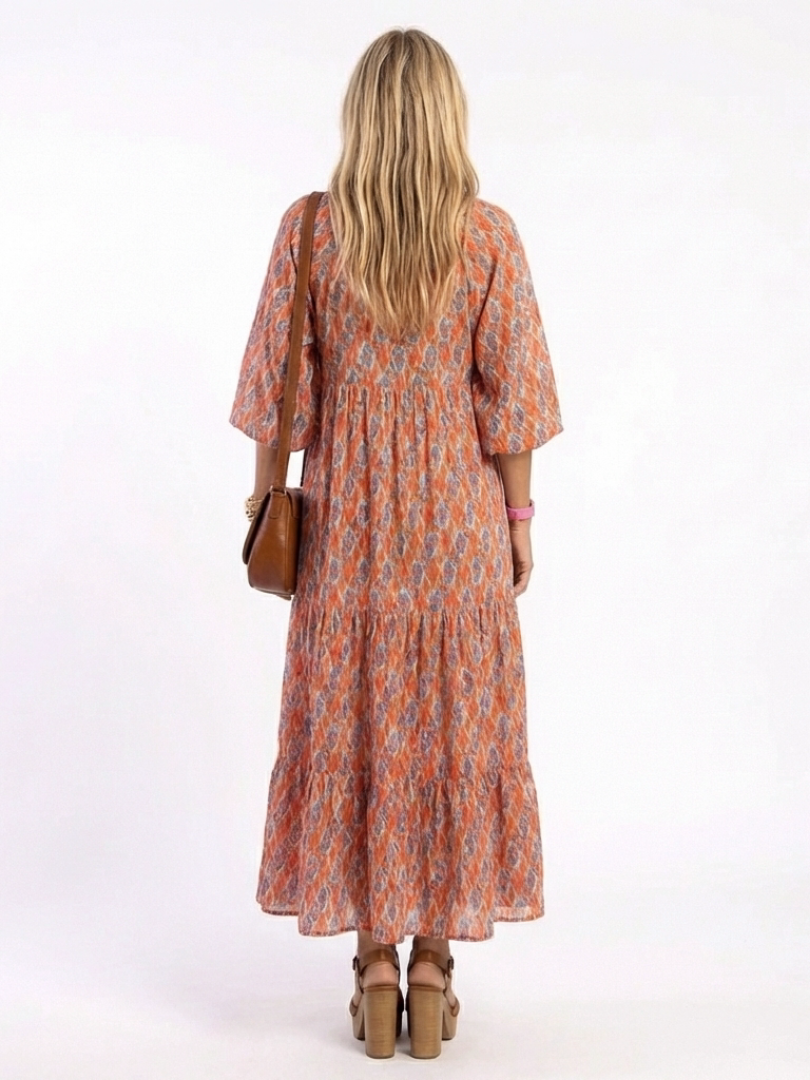 Mauie - Geometric Print V-Neck Midi Dress