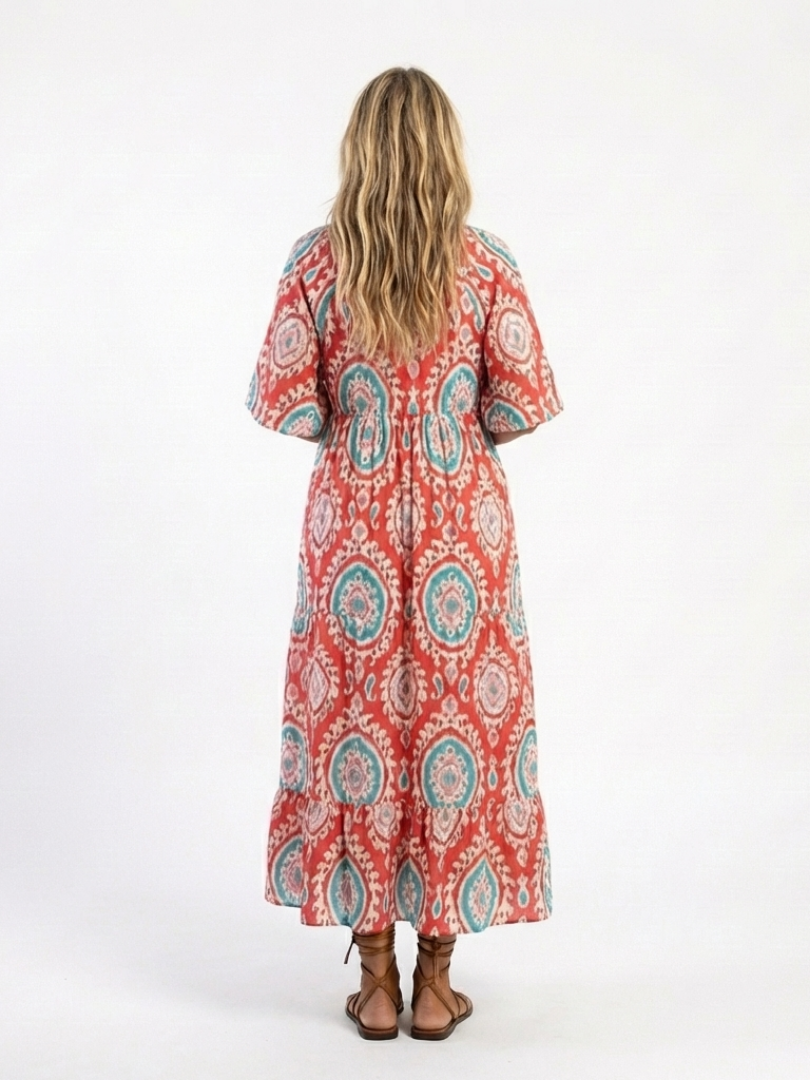 Ria - Paisley Print V-Neck Short Sleeve Midi Dress