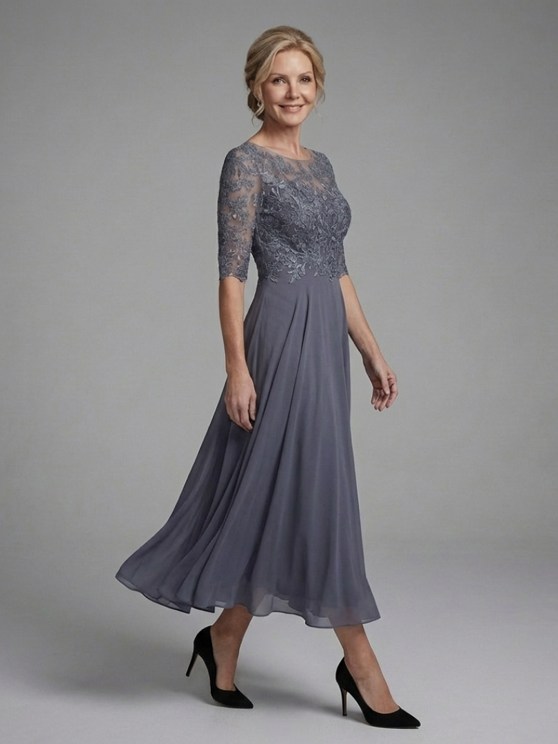 Amelia - Lace Midi Dress With Sheer Sleeves
