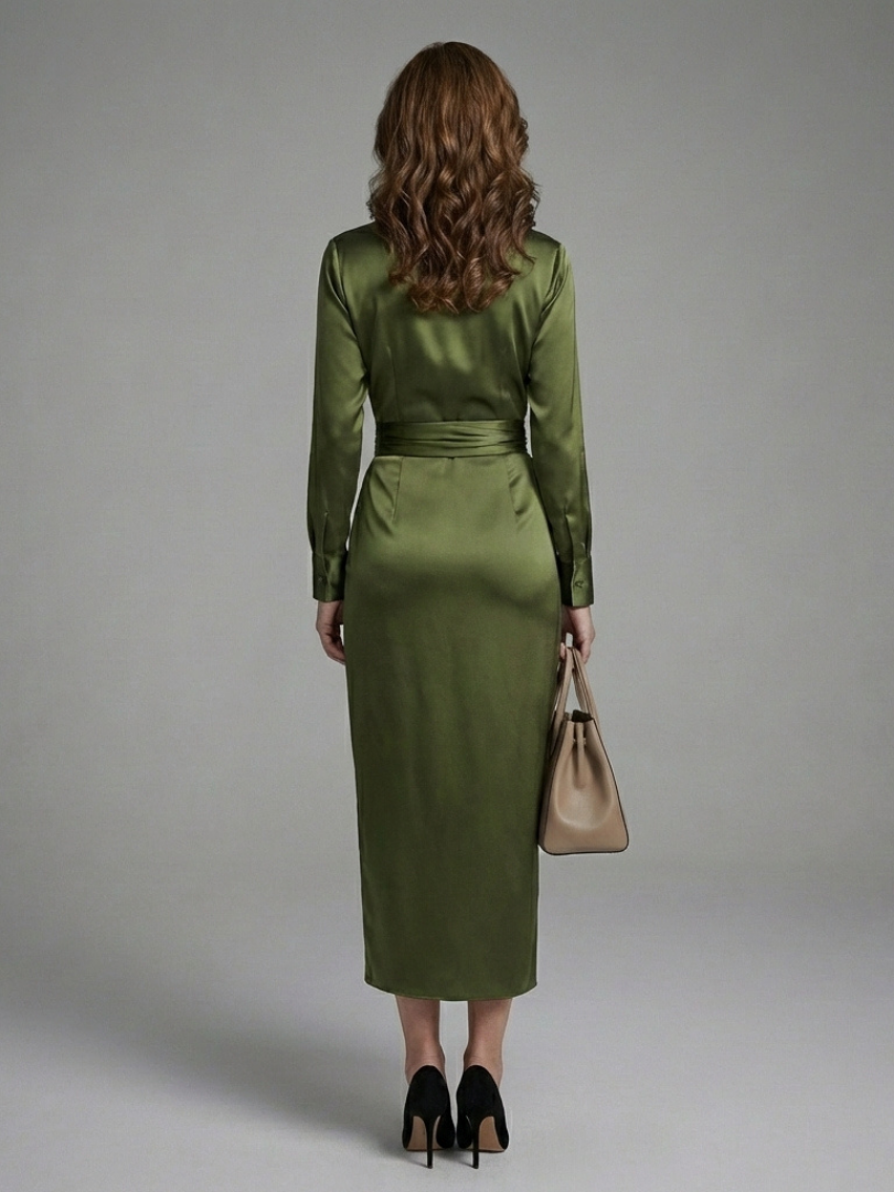 Della - Long Sleeve Wrap Midi Dress With Collar Neckline