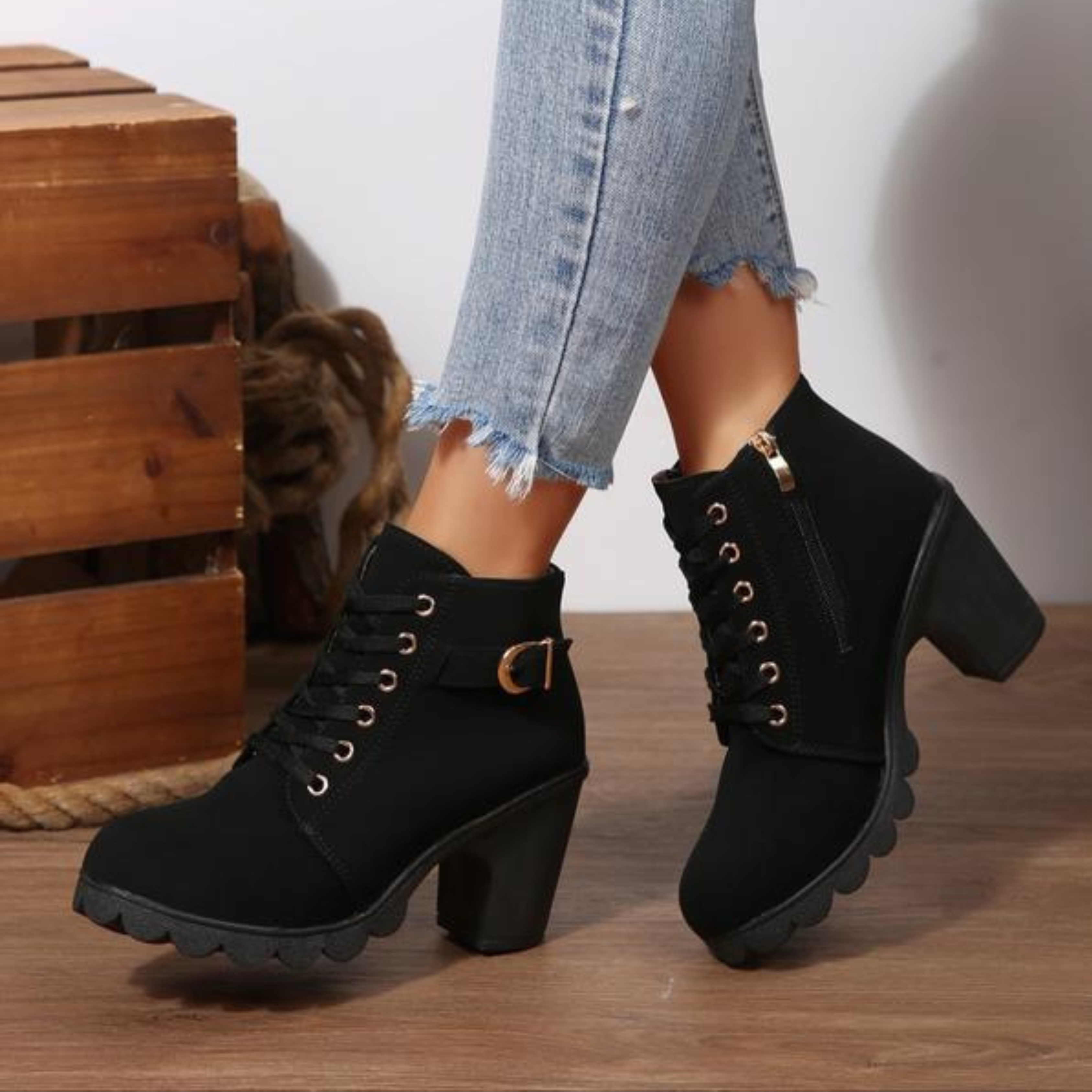 Katya – Chic Lace-Up Metal Buckle Ankle Boots