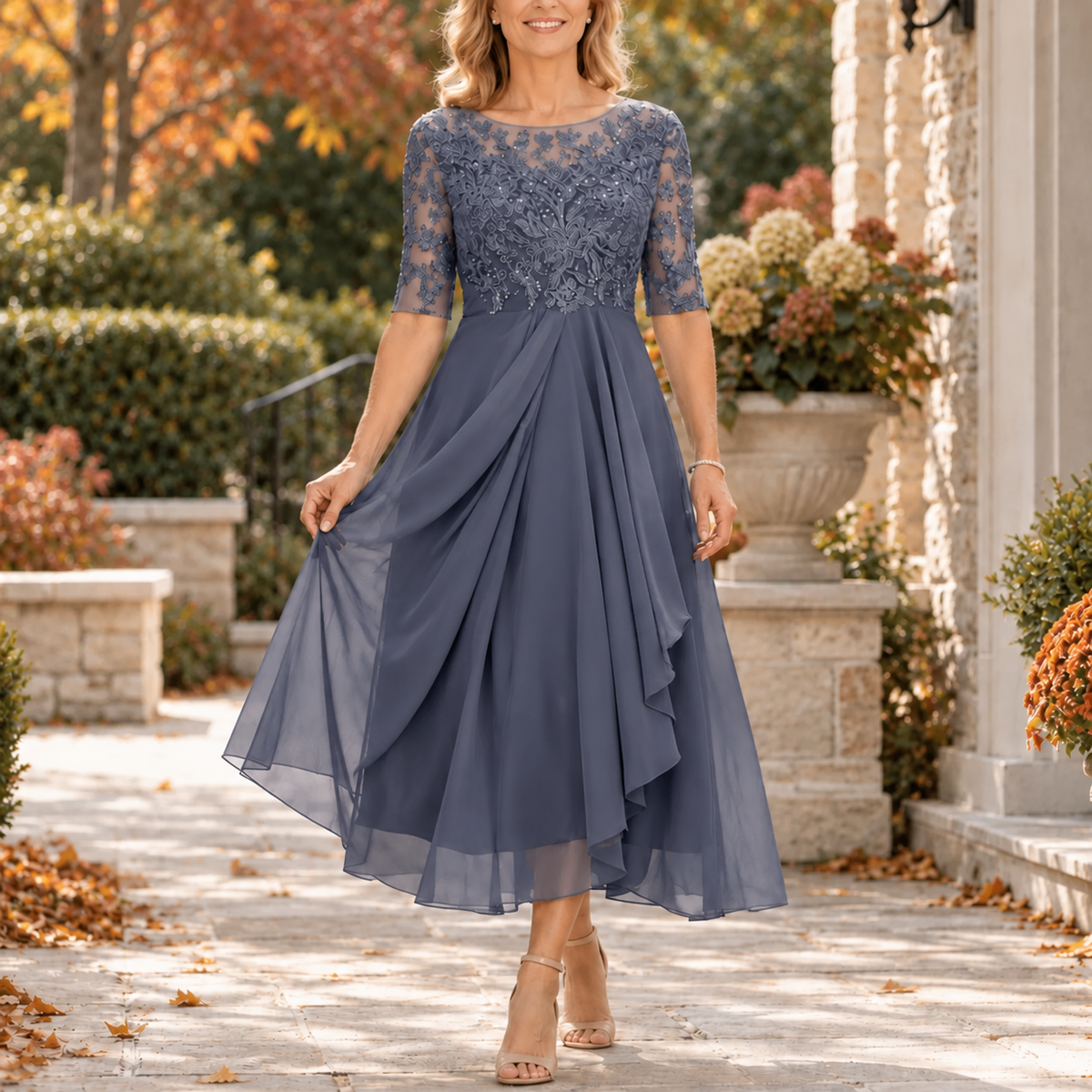 Rosalie - Lace Bodice Draped Midi Dress