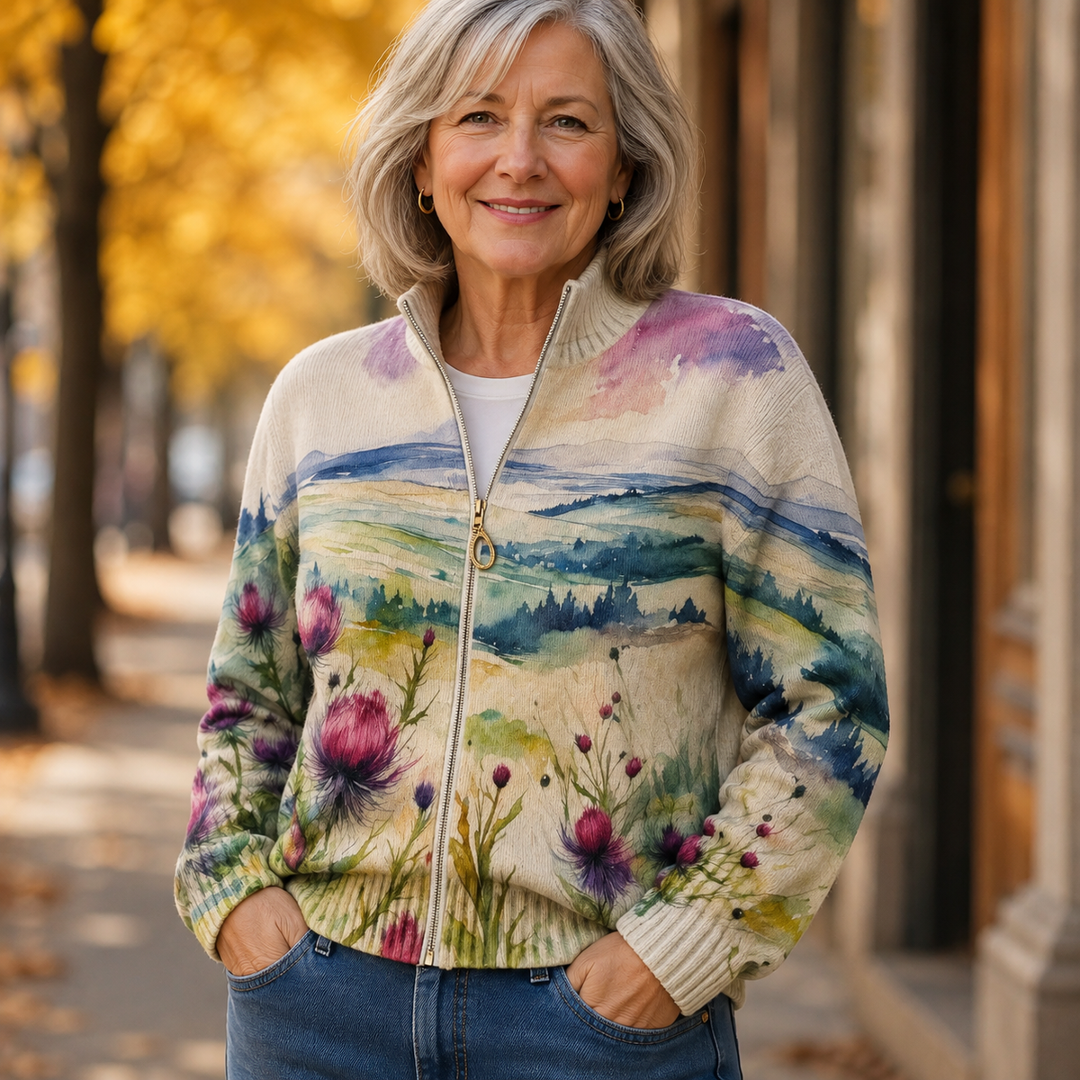 Clarissa - Scottish Thistle Landscape Zip Cardigan