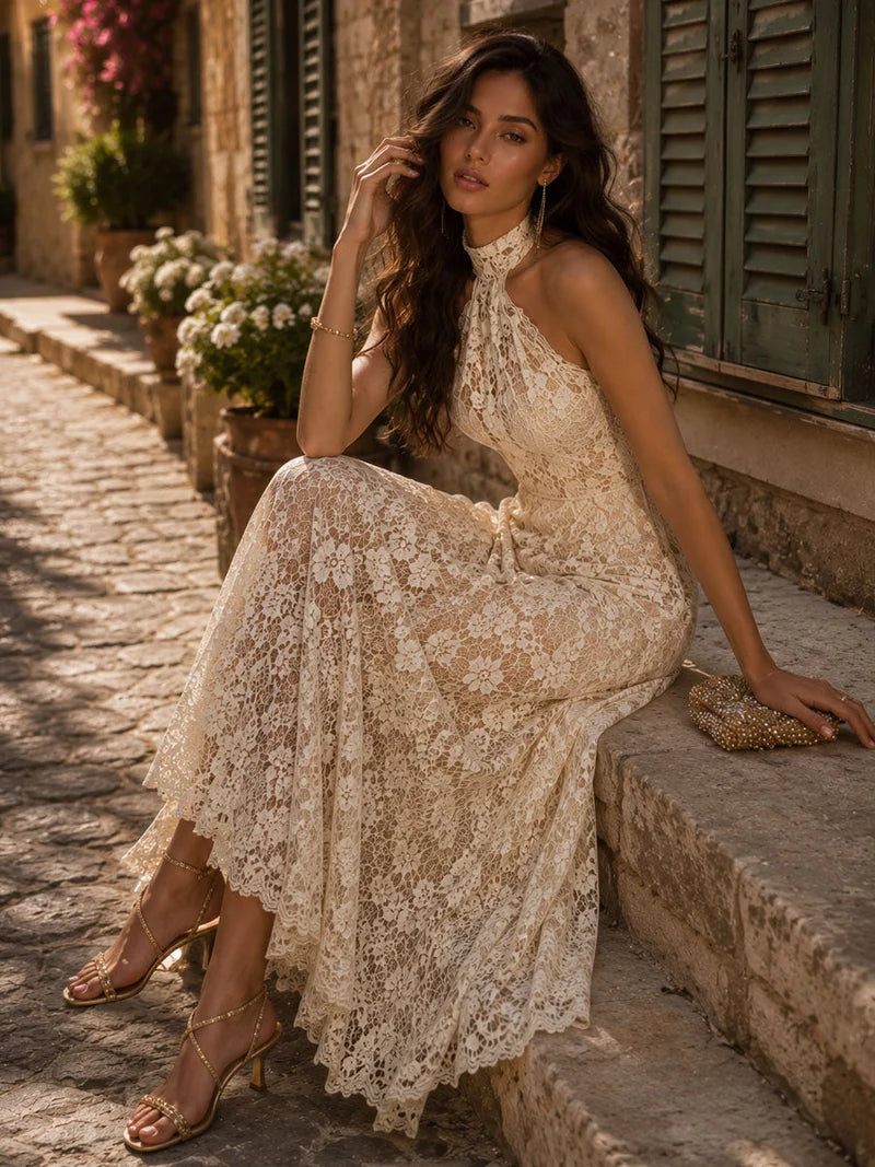 Gracelyn - Ivory Lace Halter Maxi Dress
