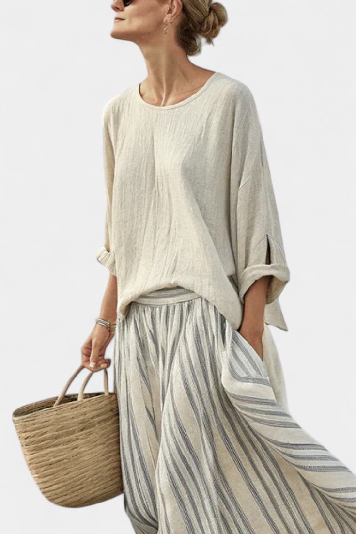 Jaine – Comfortable Blouse and Striped Midi Skirt