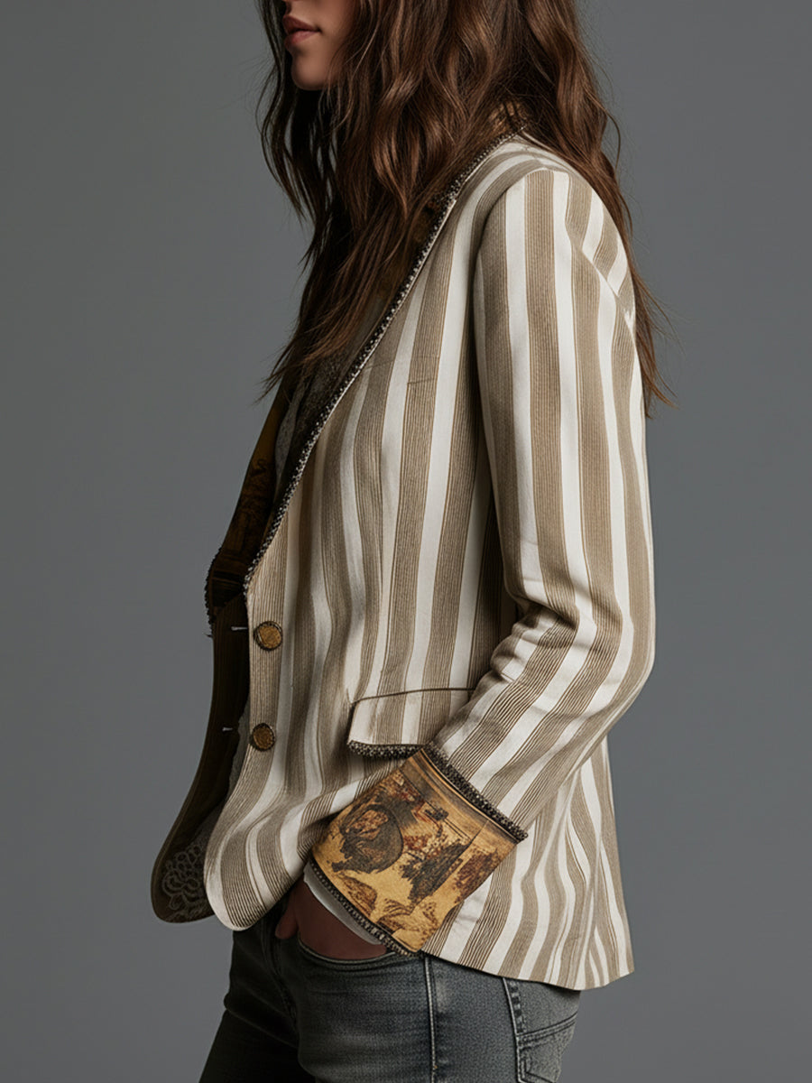 Wendy - Women’s Boho Striped Printed Lapel Blazer