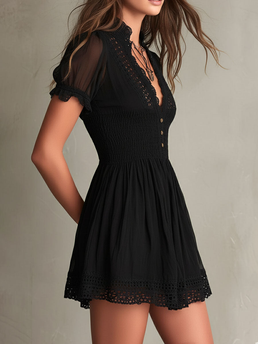 Laila – Smocked Lace-Trim Mini Dress