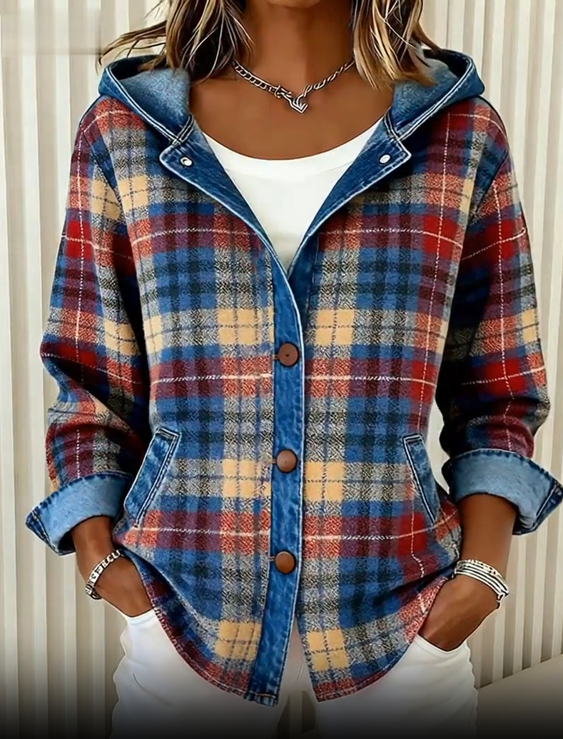 Misty – Denim Jacket with Contrast Plaid Hood