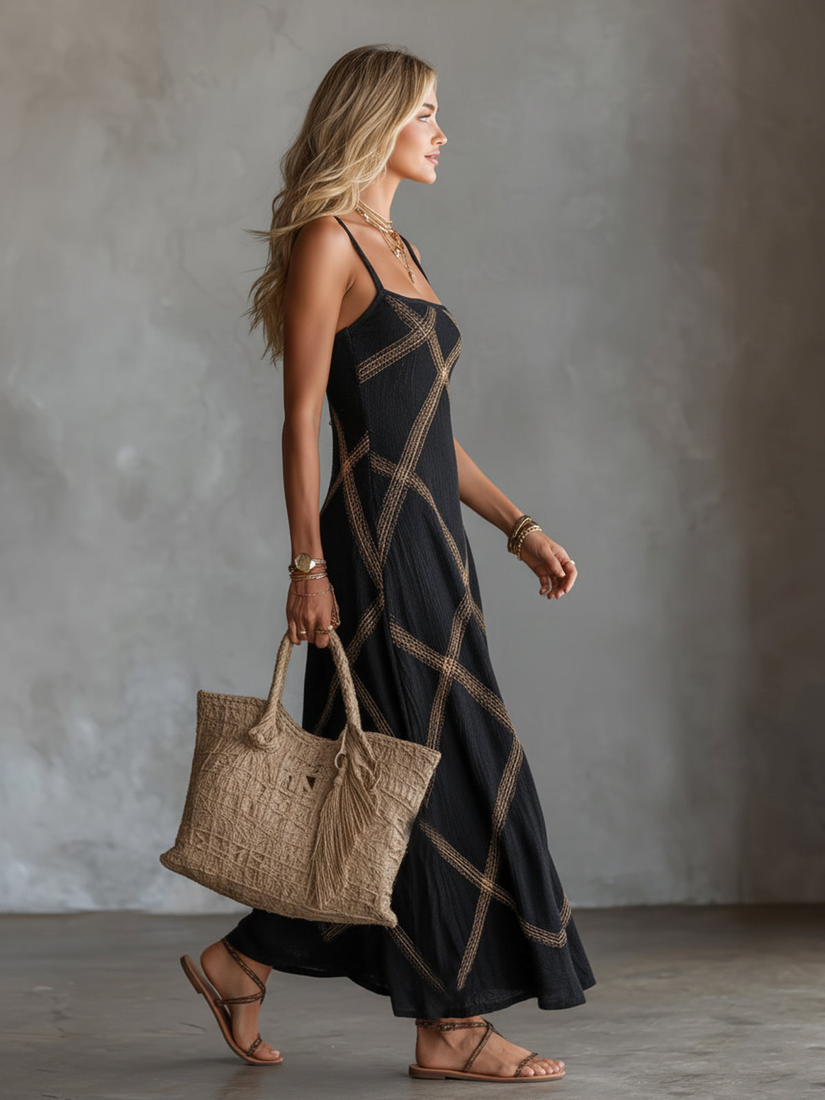 Paulia - Geometric Maxi Dress with Square Neck