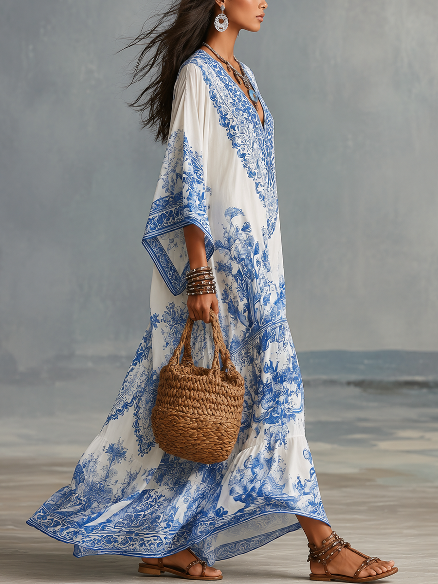 Celeste – Blue Porcelain Print Kaftan Dress