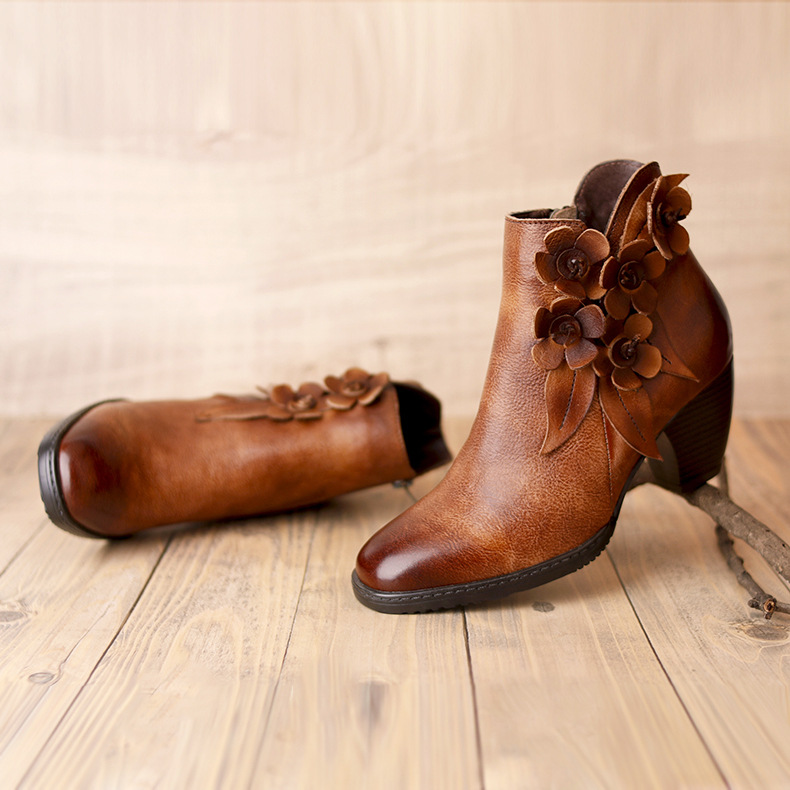 Juliette - Retro Handmade Floral Leather Solid Color Ankle Boots