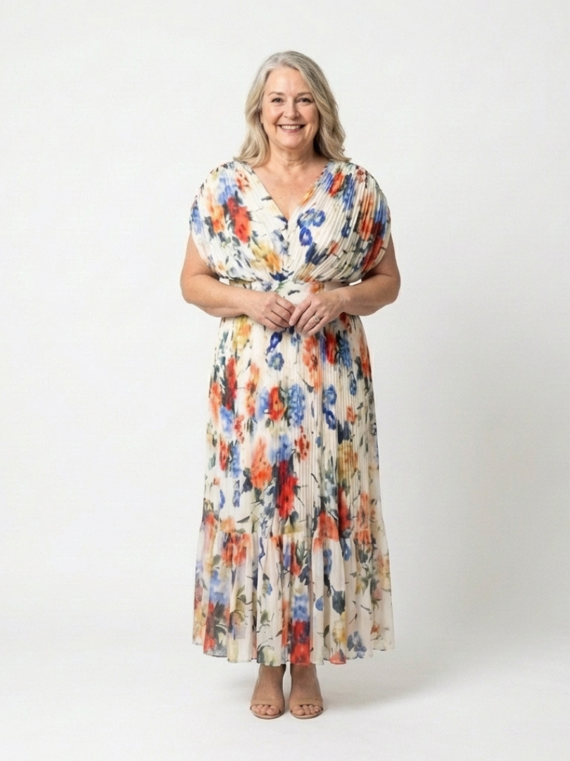 Savana - Pleated V-Neck Midi Dress