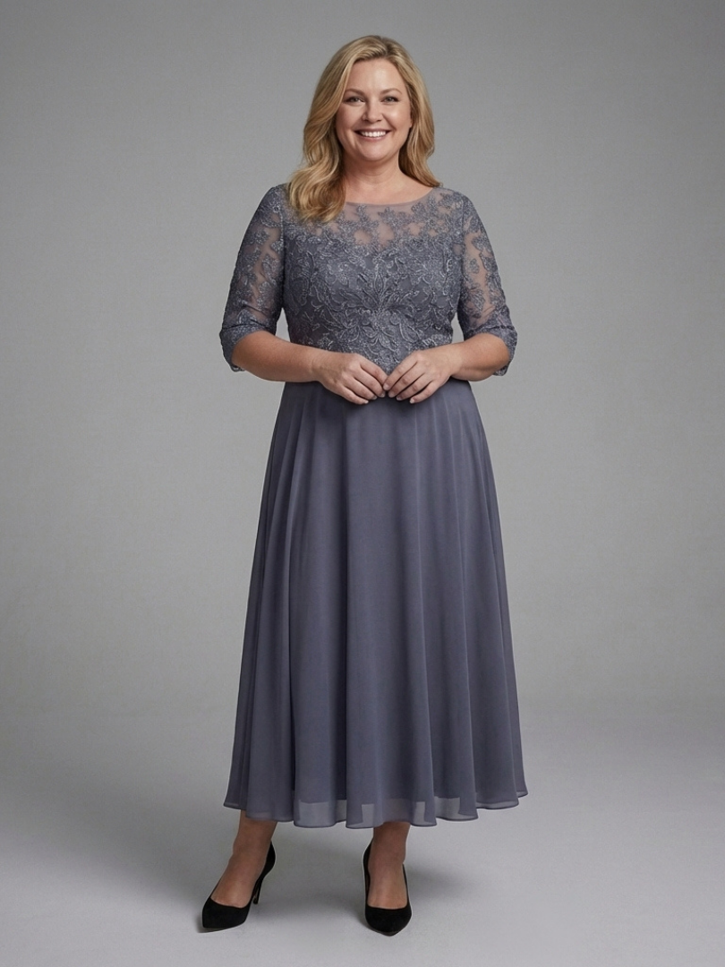 Amelia - Lace Midi Dress With Sheer Sleeves