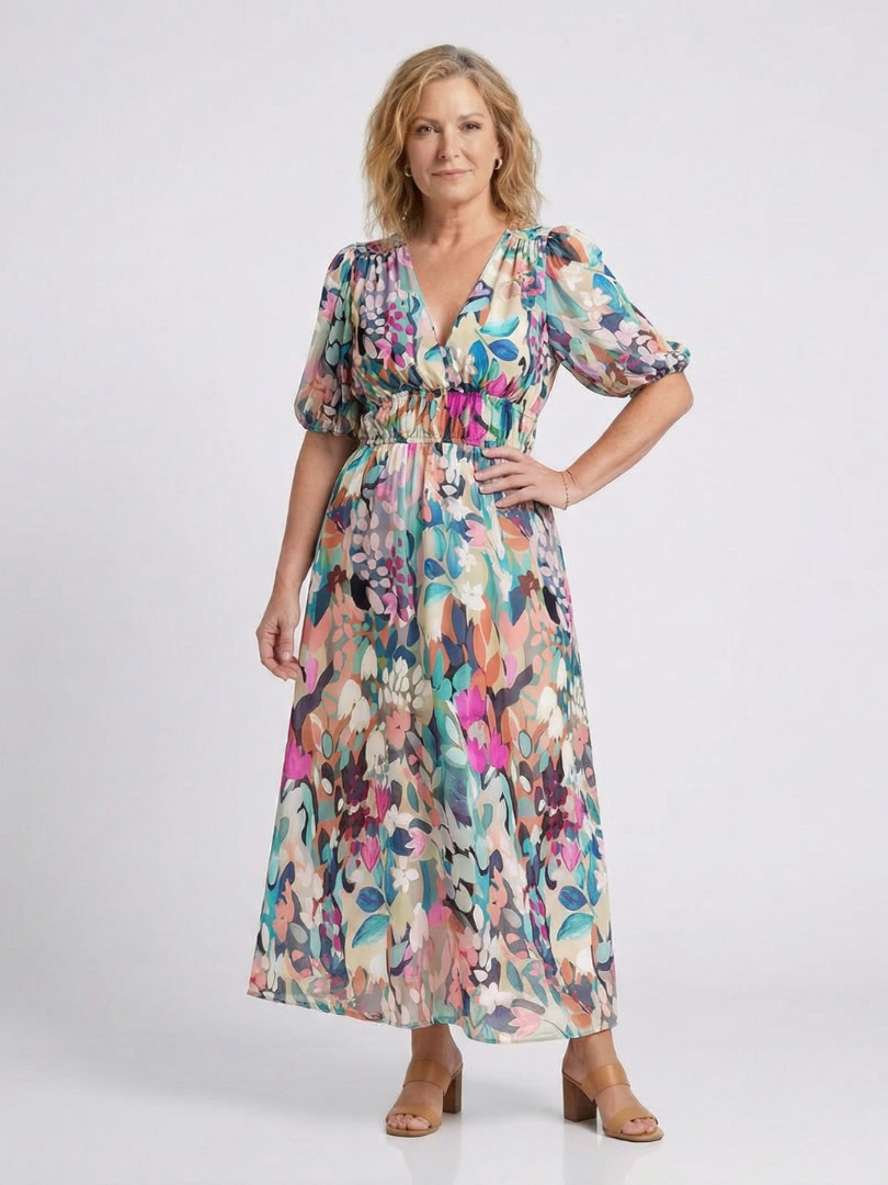Lousey - V-Neck Short Sleeve Waist Midi Dress