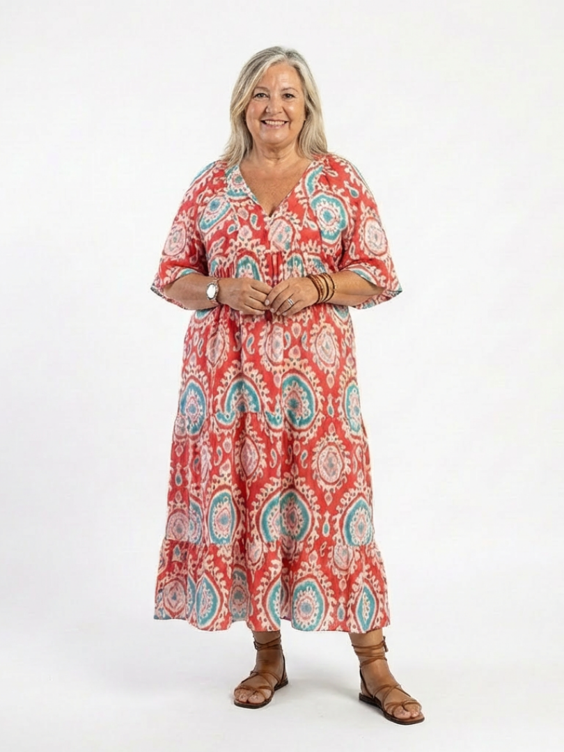 Ria - Paisley Print V-Neck Short Sleeve Midi Dress