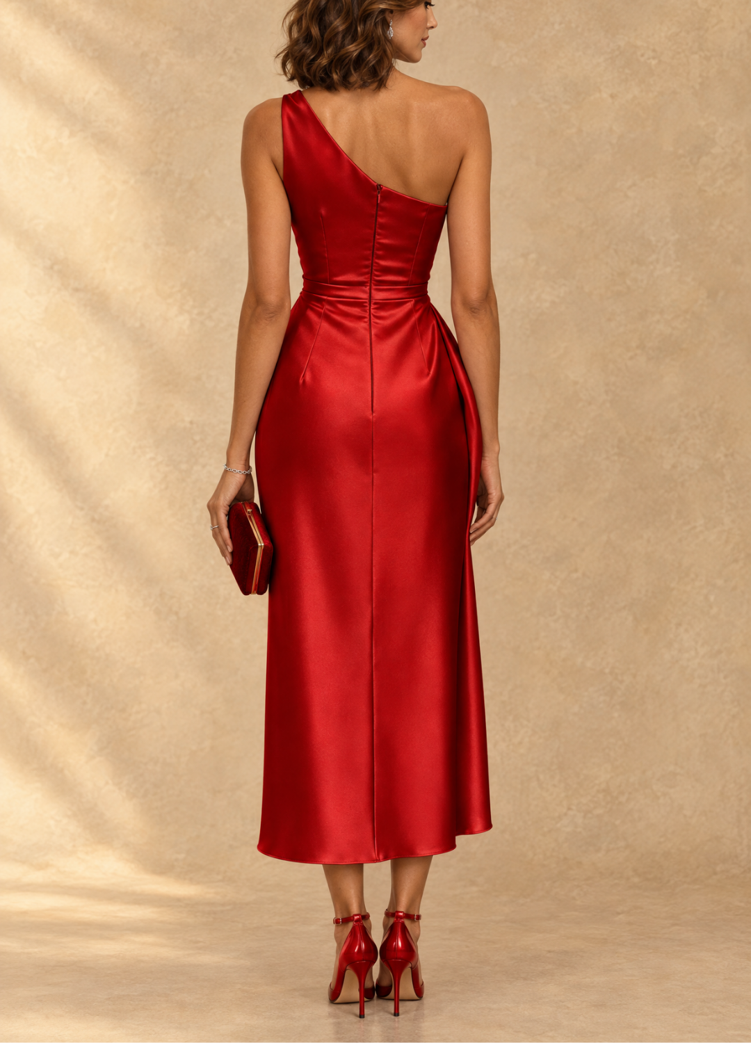 Saylor – One-Shoulder Ruched Satin Midi Dress