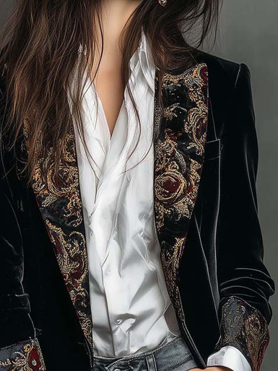 Alana - Women's Black Baroque Print Lapel Slim Fit Blazer