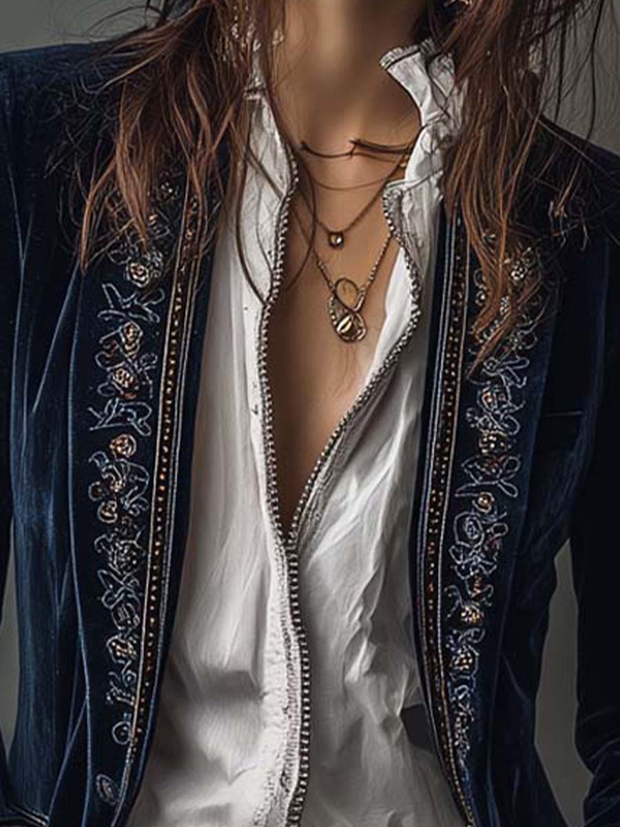 Cleo - Women’s Vintage Navy Embroidered Longline Jacket