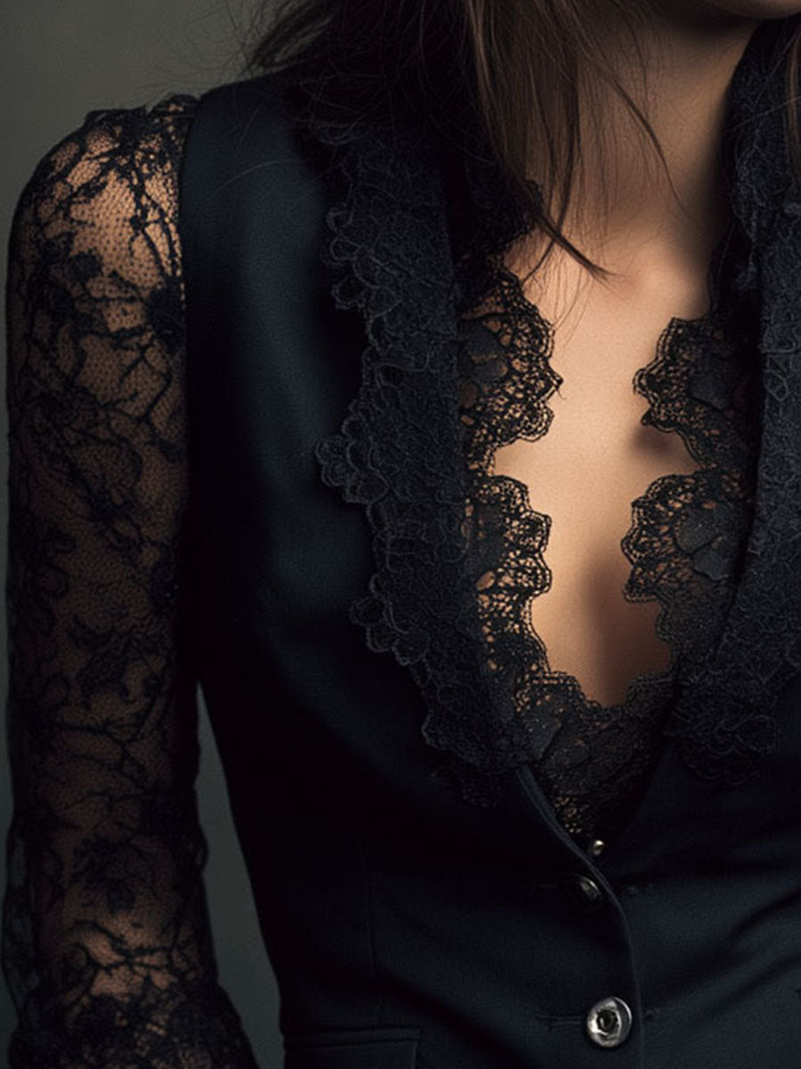 Callie – Black Lace Sleeve Blazer