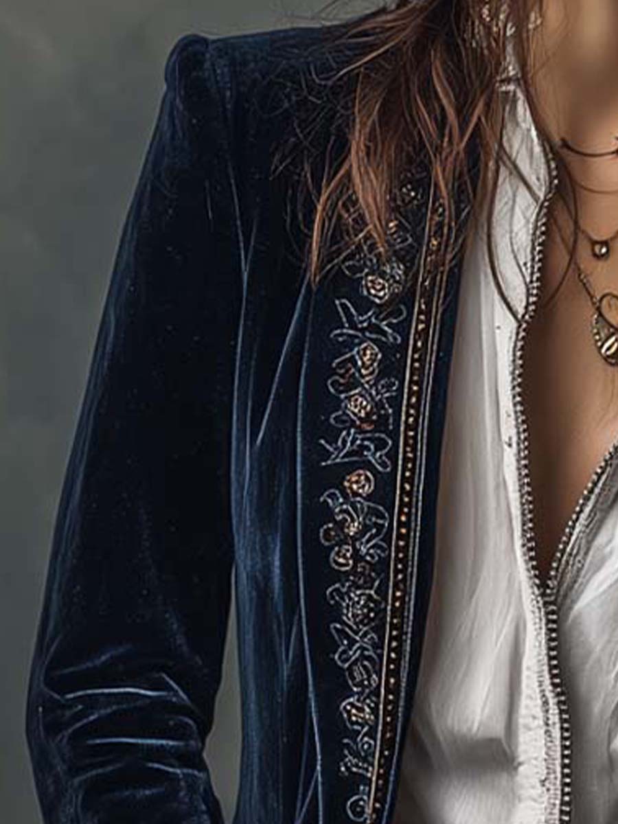 Cleo - Women’s Vintage Navy Embroidered Longline Jacket