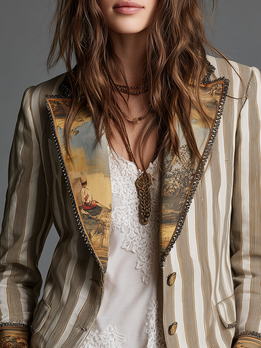 Wendy - Women’s Boho Striped Printed Lapel Blazer