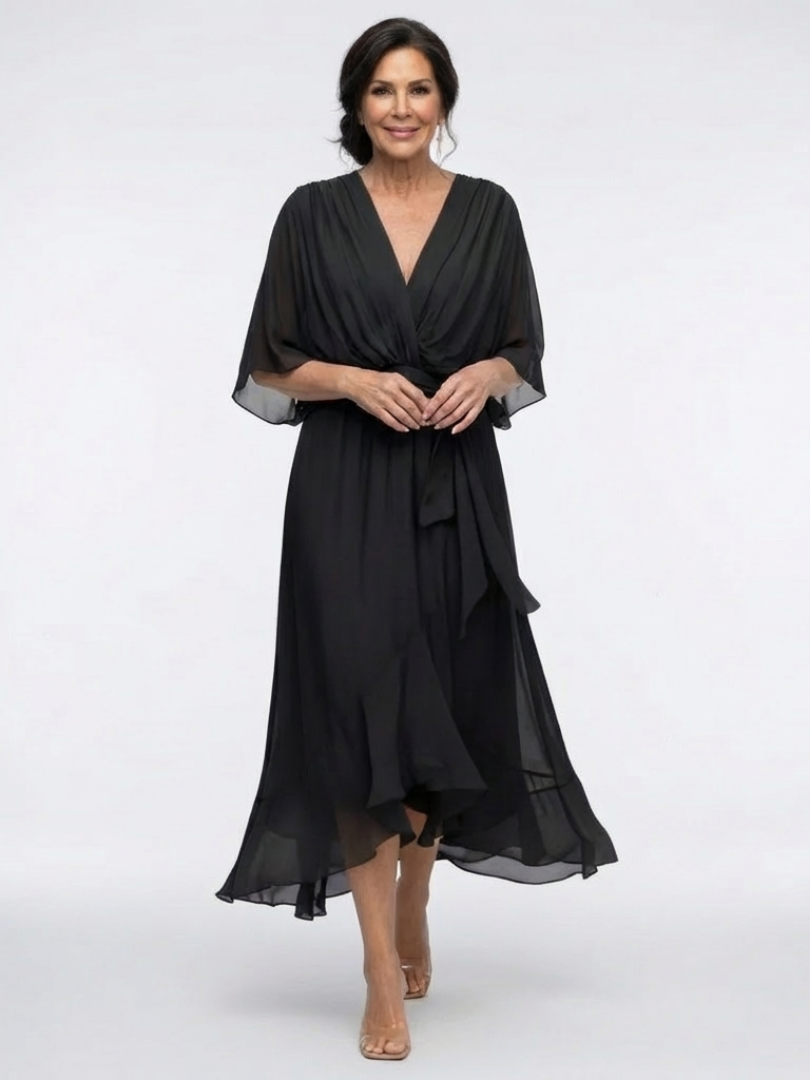 Roa - V-Neck Draped Waist Midi Dress