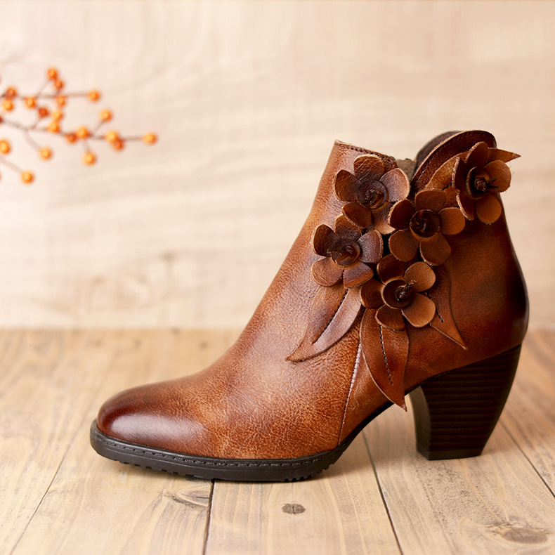 Juliette - Retro Handmade Floral Leather Solid Color Ankle Boots