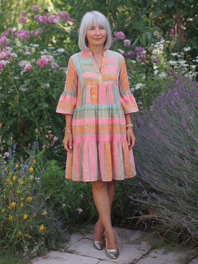 Maricel - Geometric Print V-Neck Dress