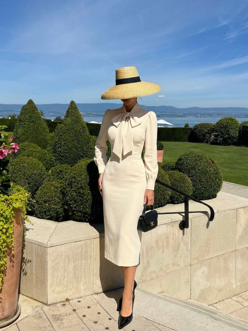 Veda - Fitted Midi Dress With Long Sleeves And Neck Bow