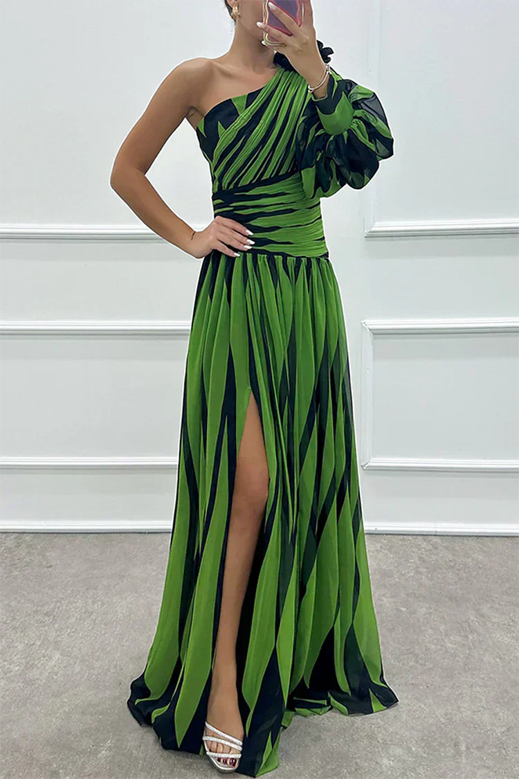 Yona - Elegant Striped Maxi Dress with One Shoulder