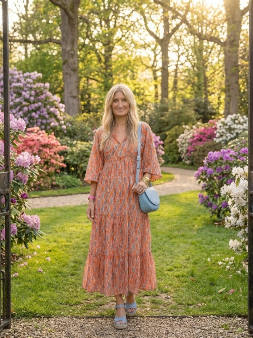 Mauie - Geometric Print V-Neck Midi Dress